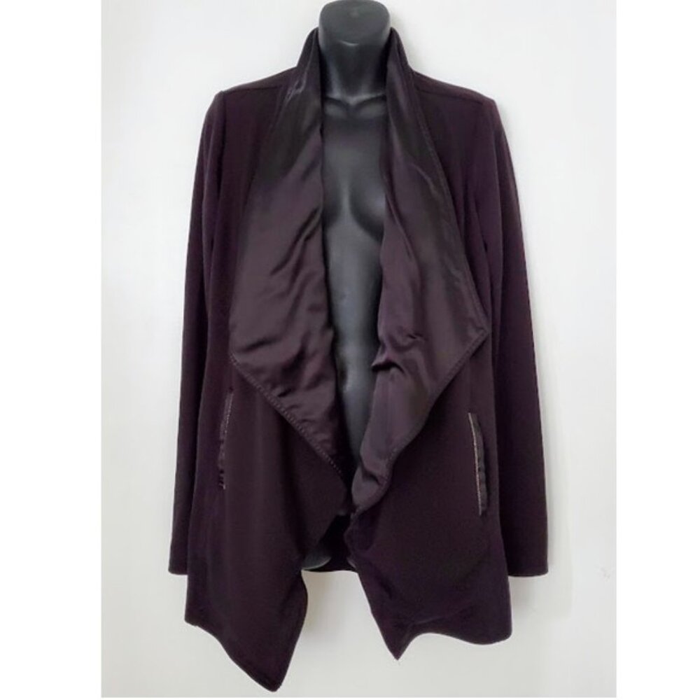 Black Draped Waterfall Cardigan Jacket Satin Shawl Collar Size S Cozy Athleisure